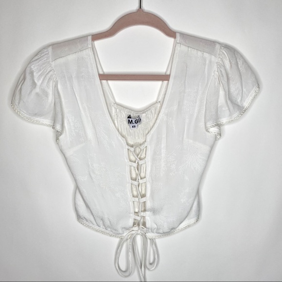 I AM GIA Crop Top White Gwyneth Lace Up Front Floral Print Short Sleeve Size XS